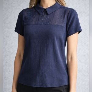 Suzy Shier Navy Blouse with Sheer Polka Dot Yoke Size S (fits true to M)